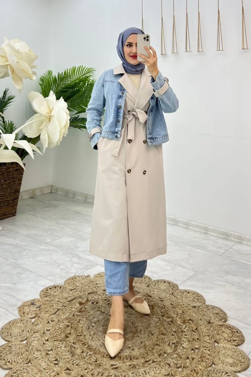 Taş Premium Klas Trench Tesettür Giyim Taş Rengi
