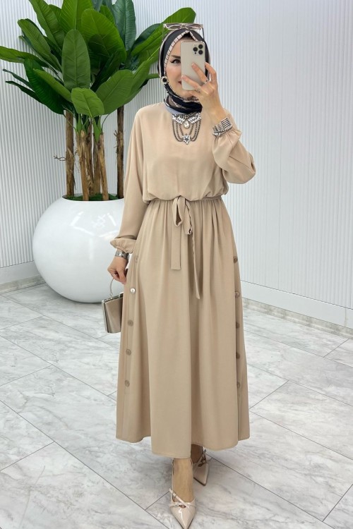 Taş Premium Düğmeli Elbise Tesettür Giyim Taş Rengi