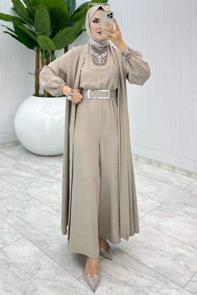 Taş Premium Silva Tulumlu Abaya Takım Tesettür Giyim Taş Rengi