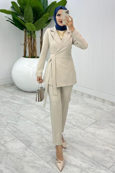 Taş Premium Astarlı Klas Takım Tesettür Giyim Taş Rengi