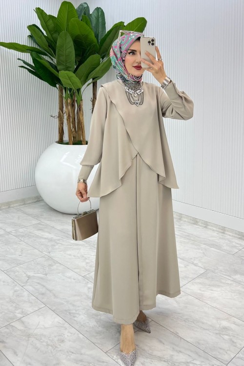 Taş Premium Asalet Ferace Elbise Tesettür Giyim Taş Rengi