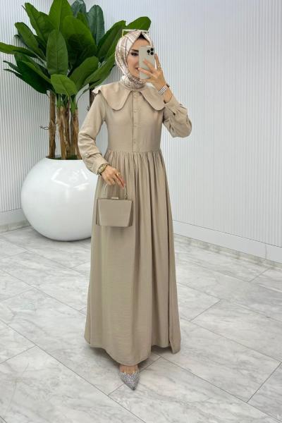 Taş Premium Bebe Yaka Elbise Tesettür Giyim Taş Rengi