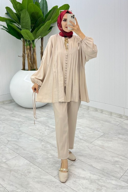 Taş Premium Nervür Takım Tesettür Giyim Taş Rengi