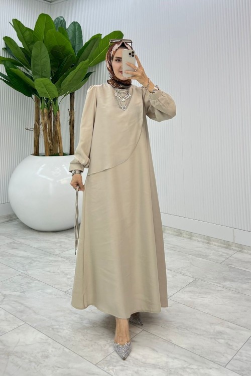 Taş Premium Paris Elbise Tesettür Giyim Taş Rengi