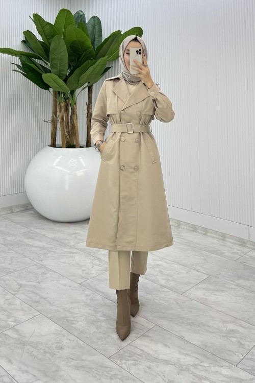 Taş Premium Astarlı Eylem Trench Tesettür Giyim  Taş Rengi