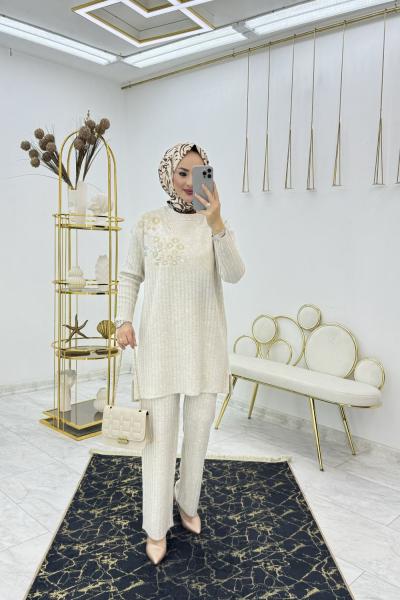 Taş Pullu Triko Takım Tesettür Giyim Taş Rengi