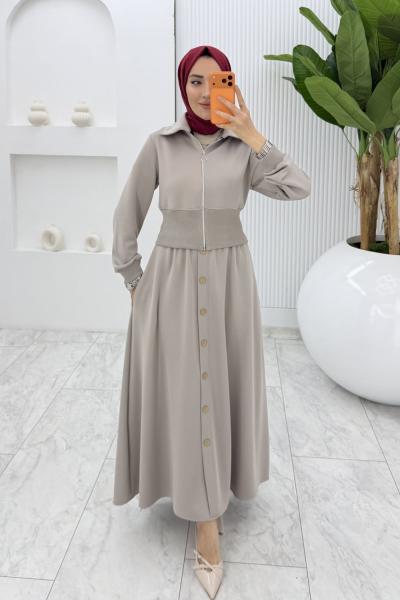 Taş Şazeli Premium Etek Takım Tesettür Giyim  Taş Rengi