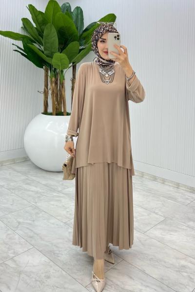 Taş Şermin Etek Takım Tesettür Giyim Taş Rengi