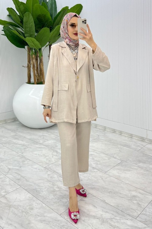 Taş Tek Düğme Ceket Takım Tesettür Giyim Taş Rengi