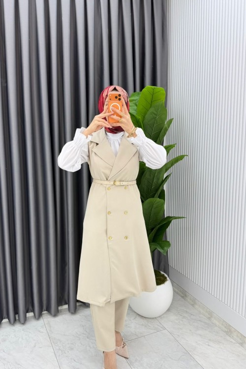 Taş Tuğba Kemerli Yelek Takım Tesettür Giyim  Taş Şal