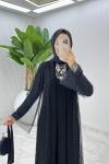 Taşlı Abaya Takım Tesettür Giyim  Siyah