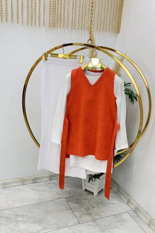 Turuncu Tuvit Süveter Tesettür Giyim  Ekru Turuncu