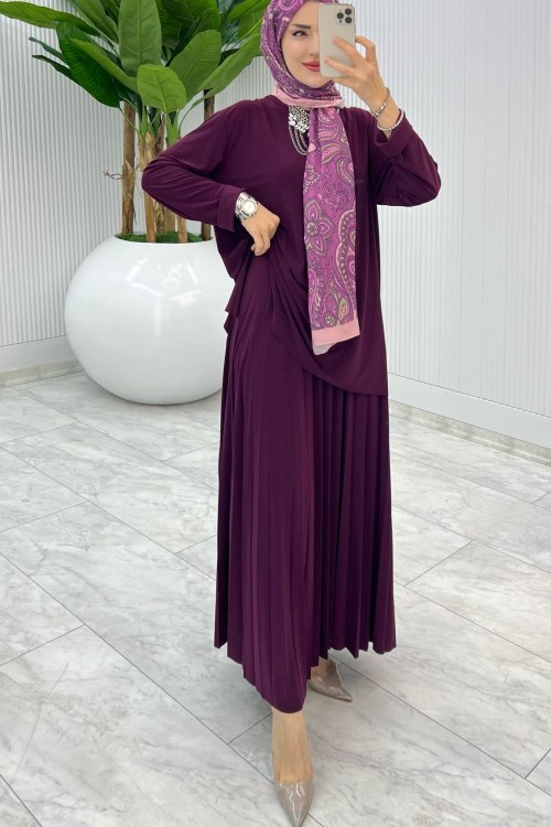 Vişne Şermin Etek Takım Tesettür Giyim Vişne