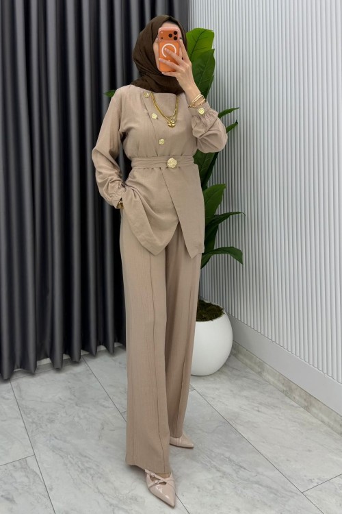 Vizon Premium Kemerli Gözde Takım Tesettür Giyim  Vizon