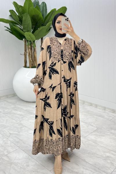 Vizon Yaprak Desen Elbise Tesettür Giyim Vizon