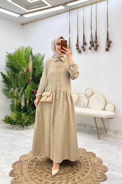 Vizon Yaren Keten Elbise Tesettür Giyim Vizon