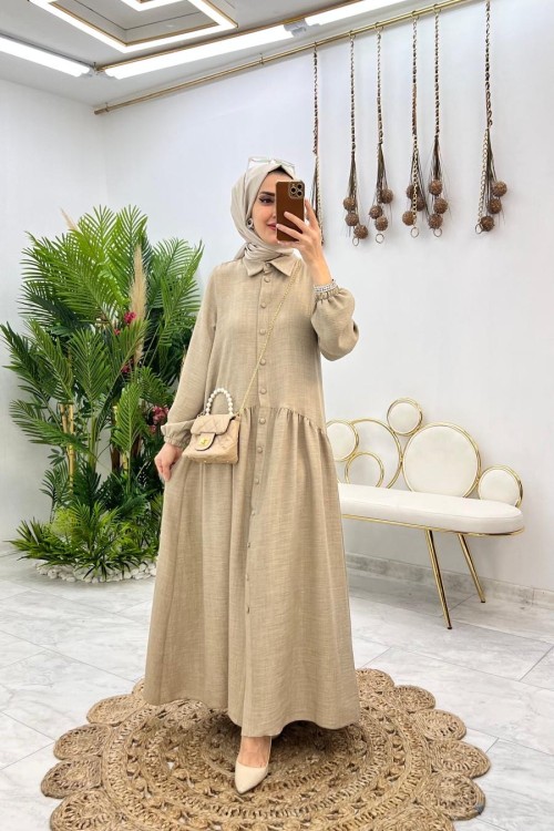 Vizon Yaren Keten Elbise Tesettür Giyim Vizon