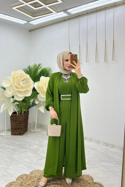 Yağ Yeşili Premıum Fulya Abaya Tulum Takım Tesettür Giyim Yağ Yeşili