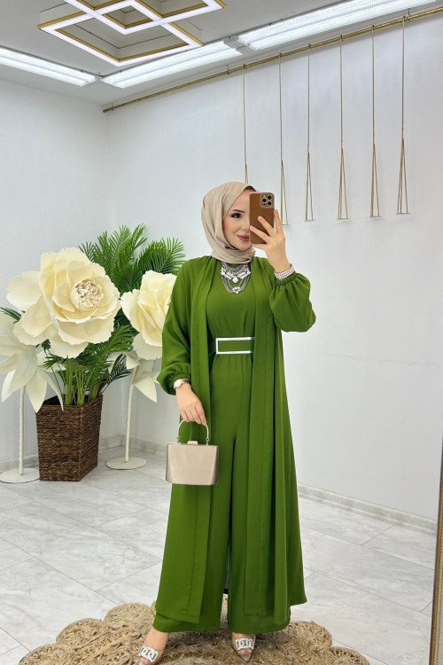 Yağ Yeşili Premıum Fulya Abaya Tulum Takım Tesettür Giyim Yağ Yeşili