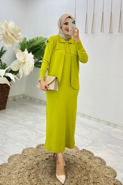 Yağ Yeşil Bade Triko Takım Tesettür Giyim Yağ Yeşili