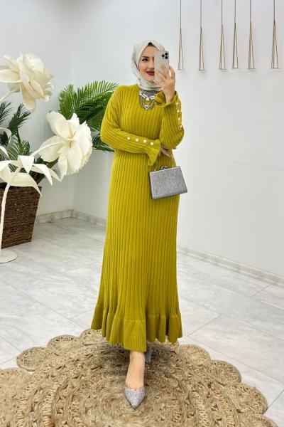 Yağ Yeşil Ecem Triko Elbise Tesettür Giyim Yağ Yeşili