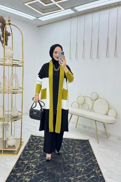 Yağ Yeşil Nadide Üçlü Triko Takım Tesettür Giyim Yağ Yeşili