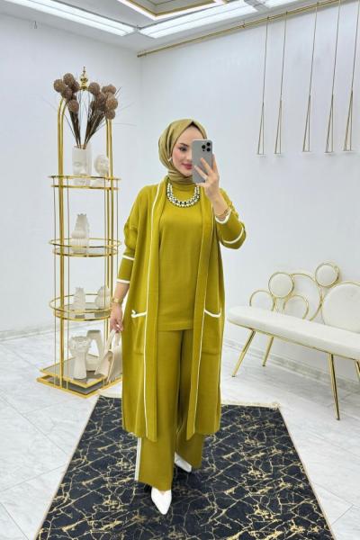 Yağ Yeşil Havva Üçlü Triko Takım Tesettür Giyim Yağ Yeşili
