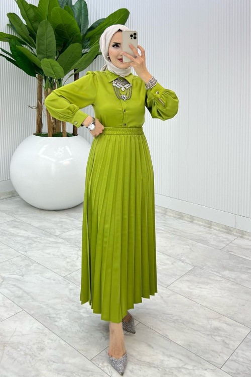 Yağ Yeşil Nazlı Takım Tesettür Giyim Yağ Yeşili