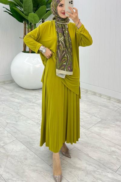 Yağ Yeşil Şermin Etek Takım Tesettür Giyim Yağ Yeşili