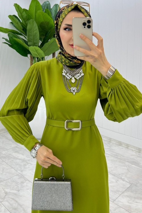 Yağ yeşili Kalem Elbise Tesettür Giyim Yağ Yeşili