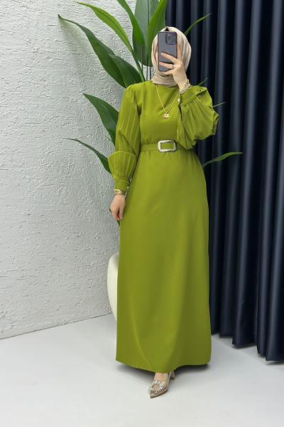 Yağ Yeşili Narin Elbise Tesettür Giyim Yağ Yeşili