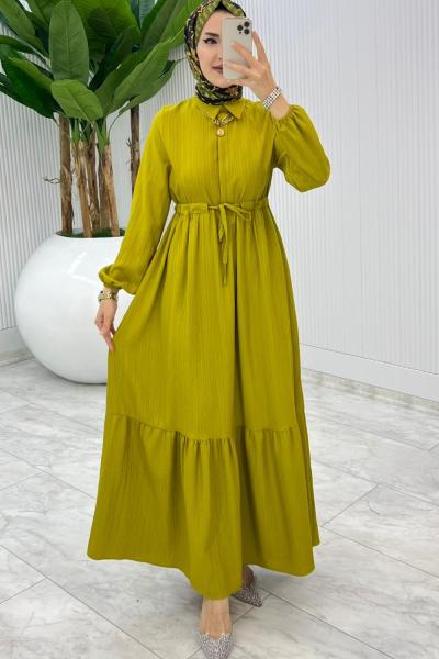 Yağ Yeşili Sehya Elbise Tesettür Giyim Yağ Yeşili