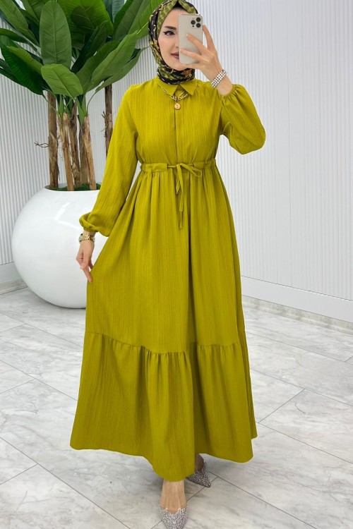 Yağ Yeşili Sehya Elbise Tesettür Giyim Yağ Yeşili