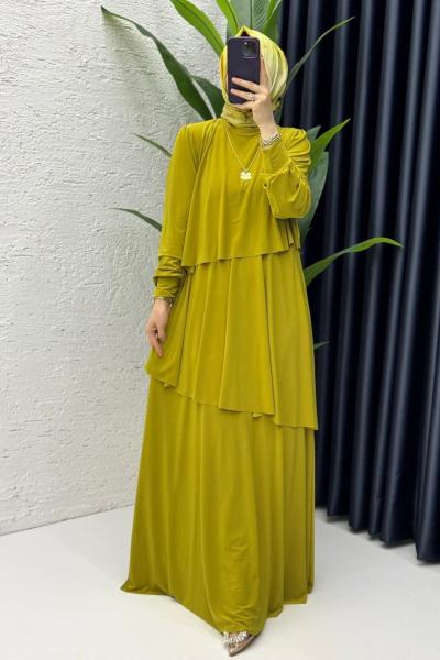 Yağ Yeşil Premium Sultan Elbise Tesettür Giyim Yağ Yeşili
