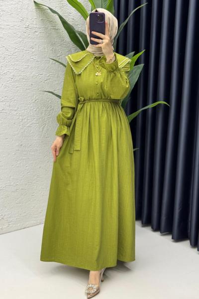 Yağ Yeşil Sanem Elbise Tesettür Giyim Yağ Yeşili