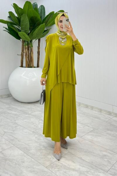Yağ Yeşil Asimetrik Takım Tesettür Giyim Yağ Yeşili