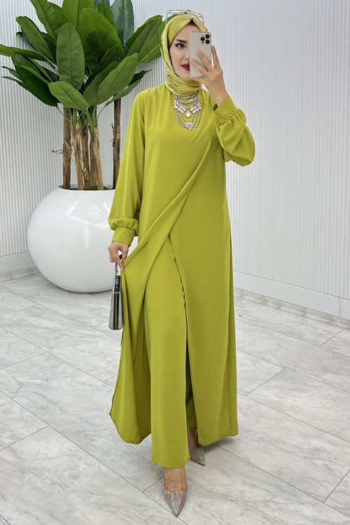 Yağ Yeşili Ahum Tasarım Takım Tesettür Giyim  Yağ Yeşili