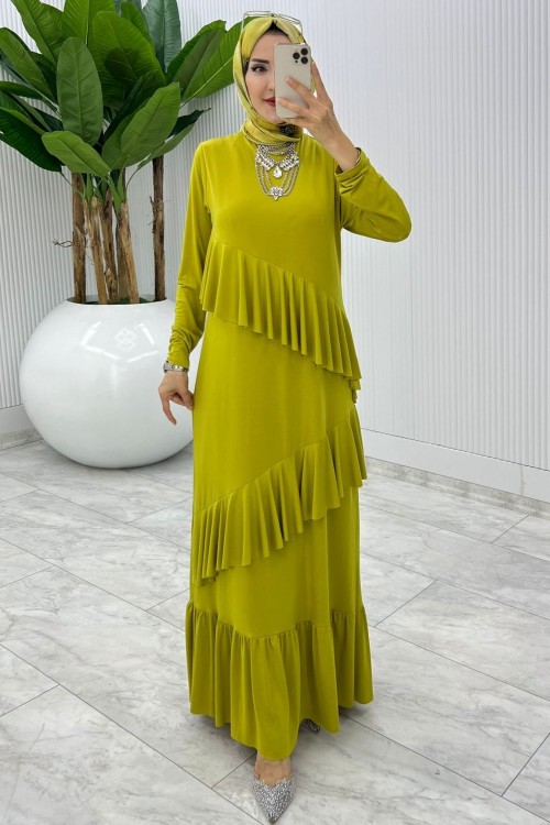 Yağ Yeşili Premium Tijen Elbise Tesettür Giyim  Yağ Yeşili