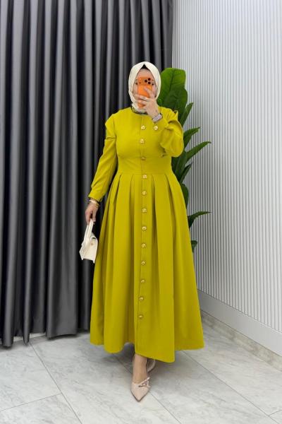 Yağ Yeşil Premium Asel Elbise Tesettür Giyim Yağ Yeşili
