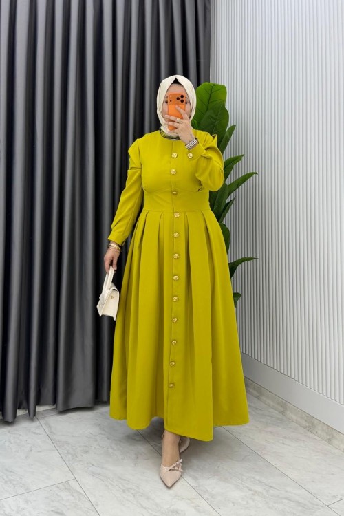 Yağ Yeşil Premium Asel Elbise Tesettür Giyim  Yağ Yeşili