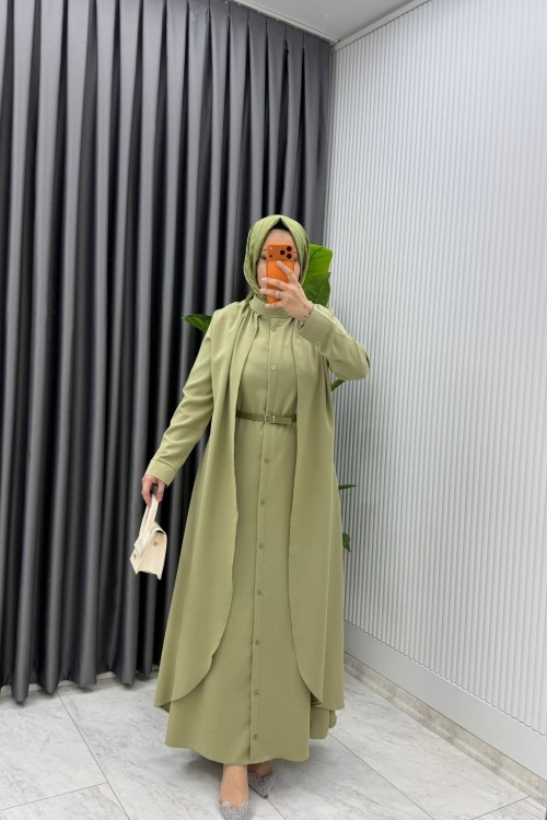Yağ Yeşil Premium Pera Elbise Ferace Tesettür Giyim Yağ Yeşili