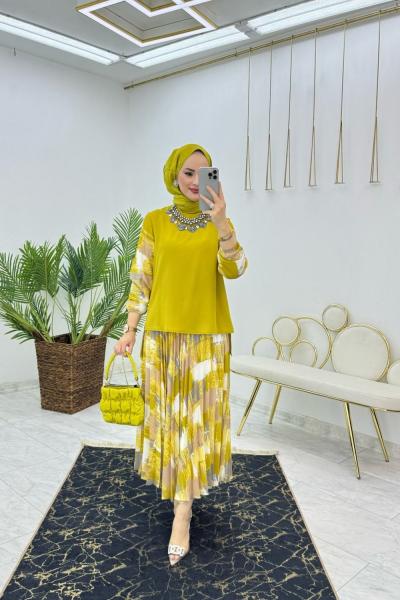 Yağ Yeşili Fırça Desen Takım Tesettür Giyim Yağ Yeşili