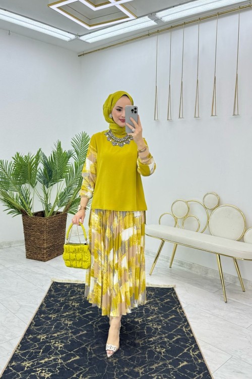 Yağ Yeşili Fırça Desen Takım Tesettür Giyim Yağ Yeşili