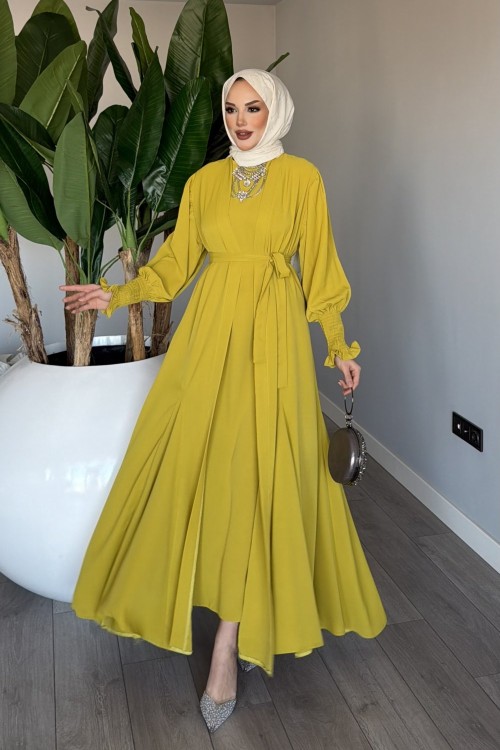 Yağyeşili Meşk Abaya Takım Tesettür Giyim  Yağ Yeşili