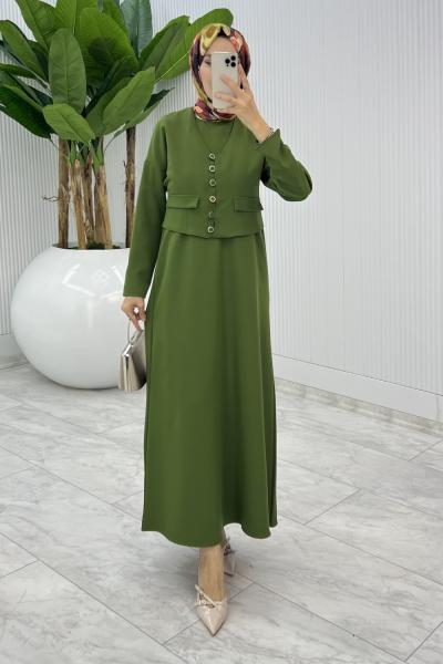 Yeşil  Hasibe Elbise Takım Tesettür Giyim  Yeşil