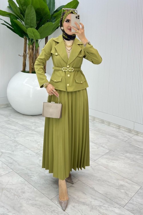 Yeşil Premıum Hülya Etek Takım Tesettür Giyim Yeşil