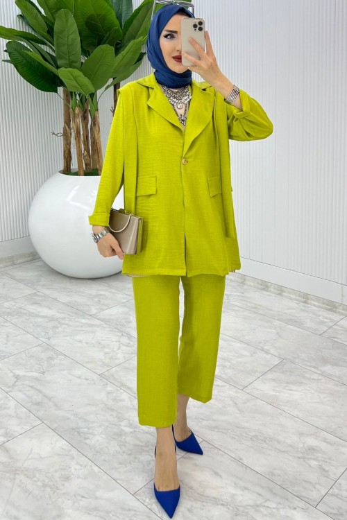 Yeşil Tek Düğme Ceket Takım Tesettür Giyim Yeşil