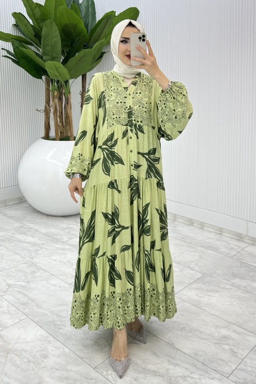 Yeşil Yaprak Desen Elbise Tesettür Giyim Yeşil
