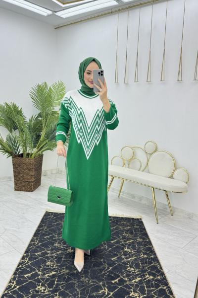Yeşil Zikzak Triko Elbise Tesettür Giyim Yeşil