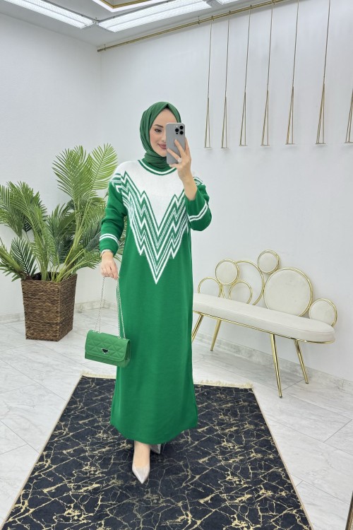 Yeşil Zikzak Triko Elbise Tesettür Giyim Yeşil